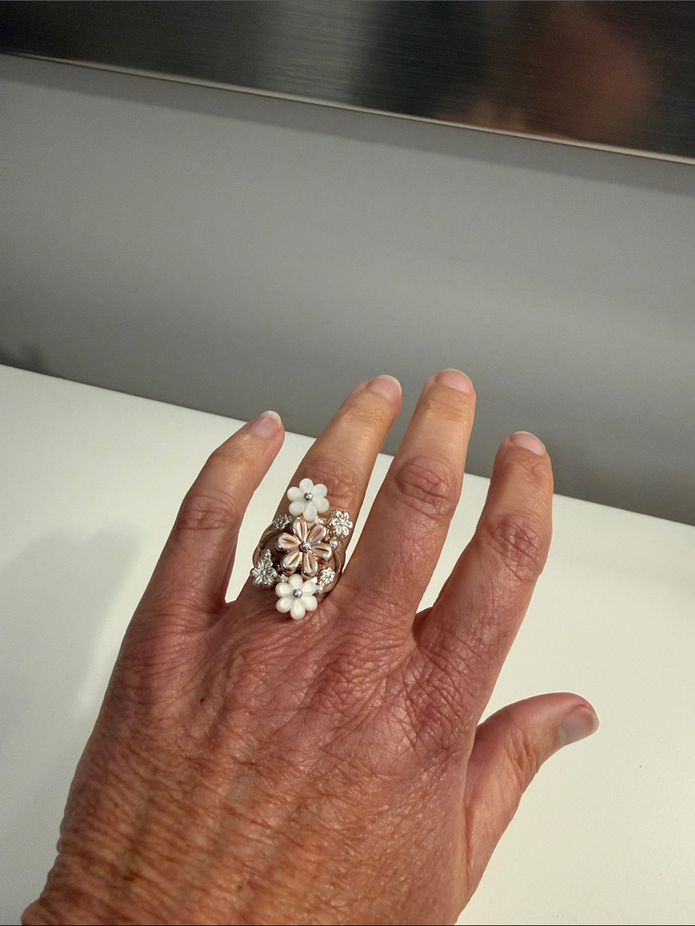 Two-Tone Floral Statement Ring in Sterling Silver and Rose Gold - Picture 3 of 4